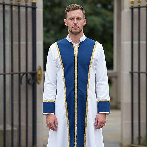 Photograph of a serious, bearded man in white and blue clerical robes with gold trim, standing in front of a black iron gate.