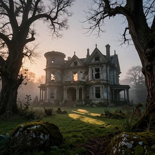 Mist-Shrouded Dilapidated Victorian Estate