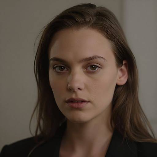 Close-up photograph of a serious-faced young woman with fair skin, brown eyes, and straight dark brown hair, wearing a black top, against a plain
