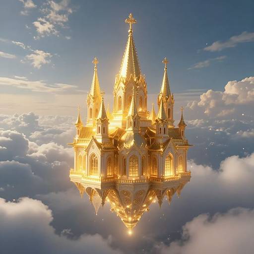 Golden, floating Gothic cathedral with glowing spires, surrounded by fluffy white clouds, against a bright blue sky. Photorealistic CGI.