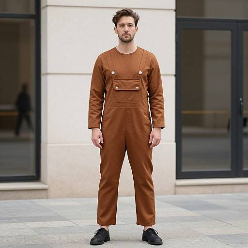 Photograph of a bearded man with short brown hair, wearing a brown long-sleeve jumpsuit with buttons and black shoes, standing in front