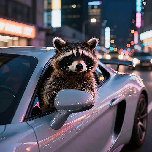Photograph of a raccoon peeking from a silver car window in a vibrant, neon-lit urban night scene with blurred city lights.