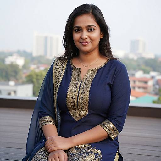 Photograph of a smiling Indian woman with medium brown skin, long black hair, wearing a navy blue salwar kameez with gold embroidery, sitting