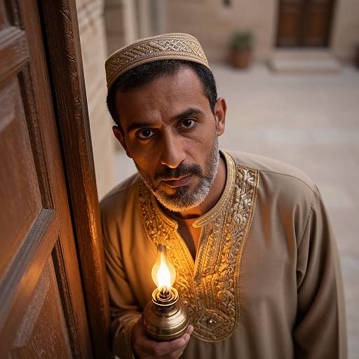 Photograph of a Middle Eastern man with dark hair and beard, wearing a gold-embroidered tan traditional garment and cap, holding a lit oil