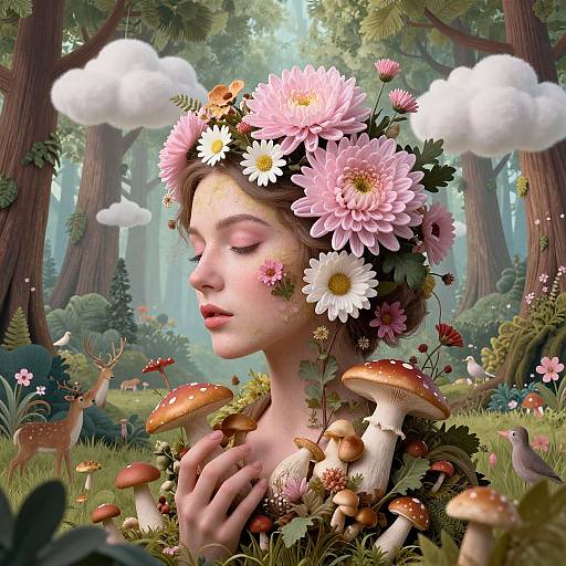Digital fantasy artwork of a fair-skinned, flower-crowned woman with closed eyes, surrounded by mushrooms, flowers, and forest scenery.