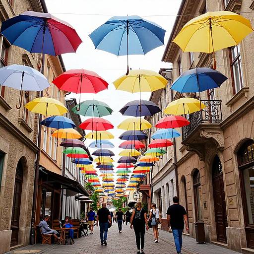 Photograph of a narrow European street with colorful umbrellas hanging overhead, people walking below, and quaint stone buildings on either side.