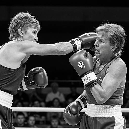 Black-and-white photograph of two middle-aged boxers in the ring; one delivers a punch to the other's face, both wearing gloves and tank tops