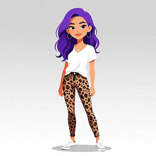 Cartoon-style drawing of a confident woman with purple hair, wearing a white t-shirt, leopard-print pants, white sneakers, and hoop earrings.
