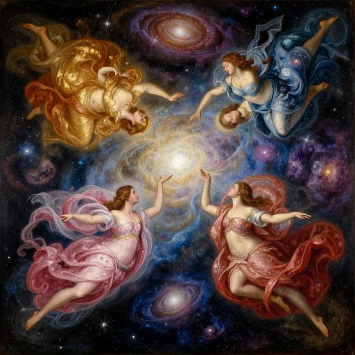 Digital artwork of four ethereal, flowing-robed angels with glowing skin, reaching toward a radiant celestial light in a cosmic, starry background. Colors