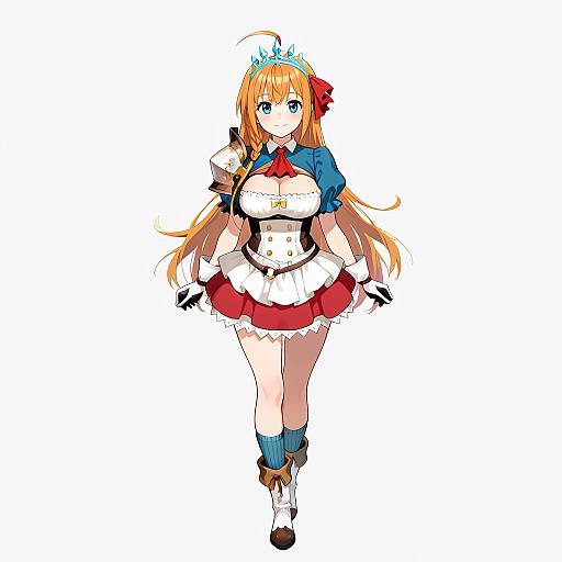 Colorful anime-style drawing of a blonde girl with blue eyes, wearing a blue shirt, white apron, red skirt, and crown, holding a