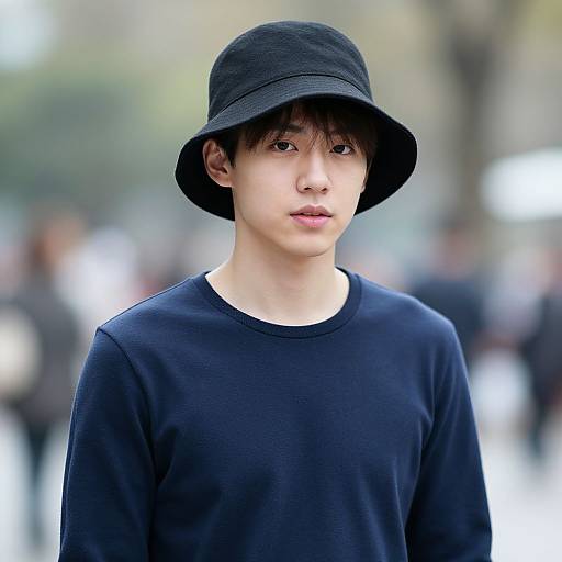 Photograph of a young Asian man with fair skin, black bucket hat, and navy sweatshirt, standing in a blurred urban background.