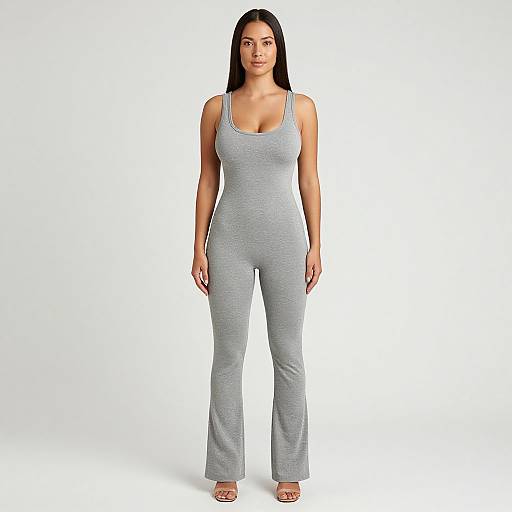 Photograph of a woman with long black hair, wearing a gray, sleeveless, form-fitting jumpsuit, standing against a white background.