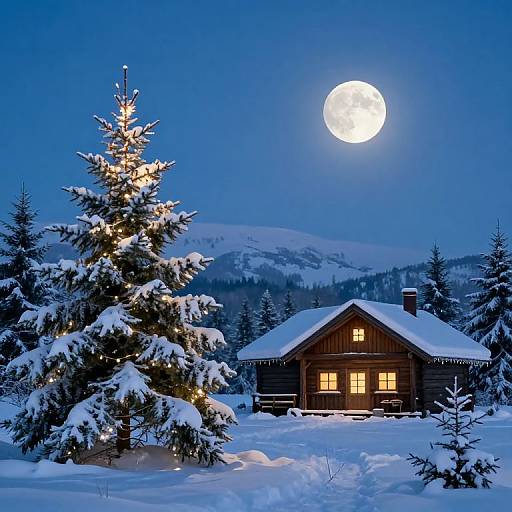Photograph of a snow-covered wooden cabin with warm lights, illuminated Christmas tree, and full moon in a serene winter night sky.