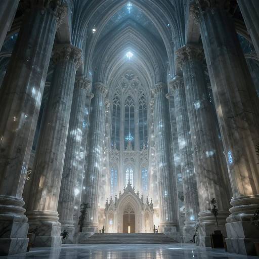 Photograph of a grand, Gothic-style cathedral interior with towering, illuminated marble columns, arches, and a brightly lit, ornate central altar.