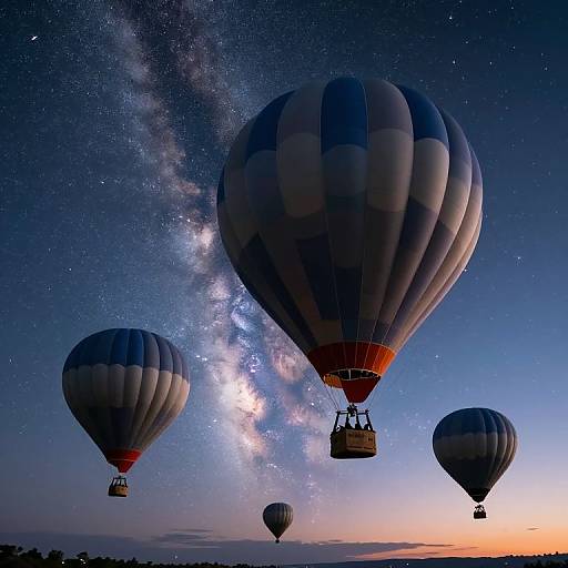 Photograph of four striped hot air balloons at night, with the Milky Way visible in a starry sky, set against a twilight horizon.