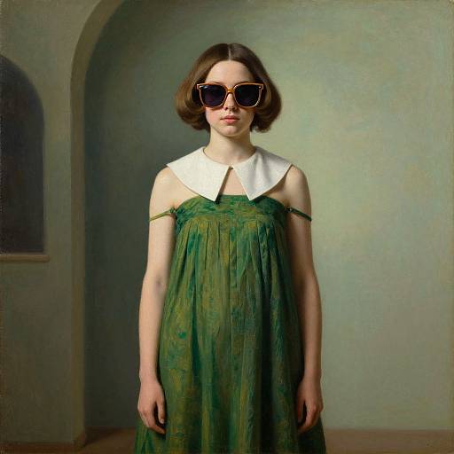 Photograph of a young woman with short brown hair, wearing large black sunglasses, a green dress with a white Peter Pan collar, standing against a muted