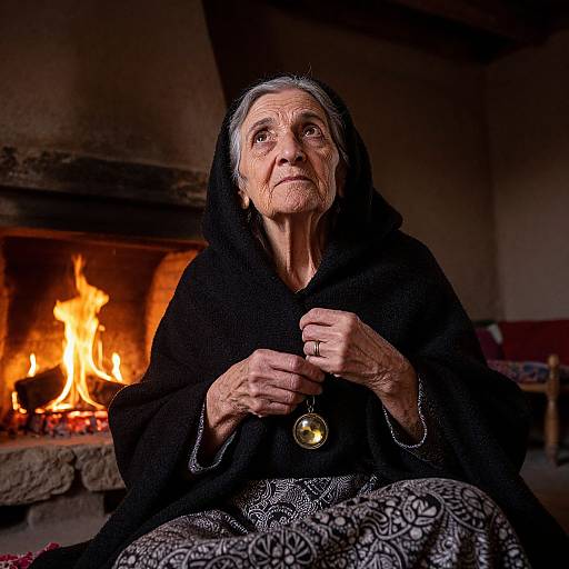 Photograph of an elderly woman with wrinkled skin, gray hair, and deep lines, wearing a black shawl, holding a pendant, seated by
