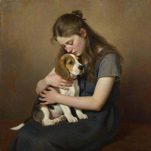 Photorealistic painting of a young woman with brown hair, wearing a gray dress, tenderly holding a brown and white Beagle puppy against a brown