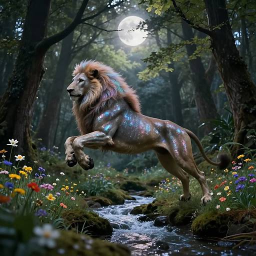 Digital artwork of a shimmering, mythical lion with a rainbow mane leaping over a forest stream, surrounded by colorful wildflowers under a moonlit night