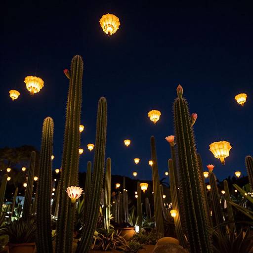 Photograph of tall cacti illuminated by glowing, orange lanterns against a deep blue night sky, creating a magical, twilight garden scene.