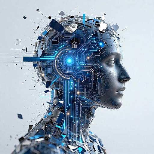 Digital art of a futuristic, cybernetic human head in profile, with blue circuitry, glowing blue orb, and fragmented metallic elements.