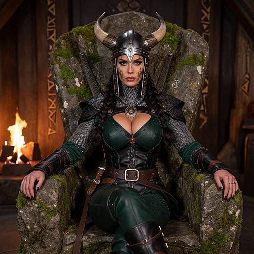 Digital artwork of a fierce, busty female Viking warrior with large horns, black armor, and green outfit, sitting on a mossy throne in a dim