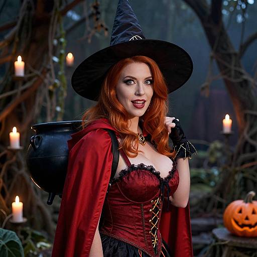 Photograph of a red-haired witch with a black hat, red corset, and cape, carrying a black cauldron, surrounded by candles and