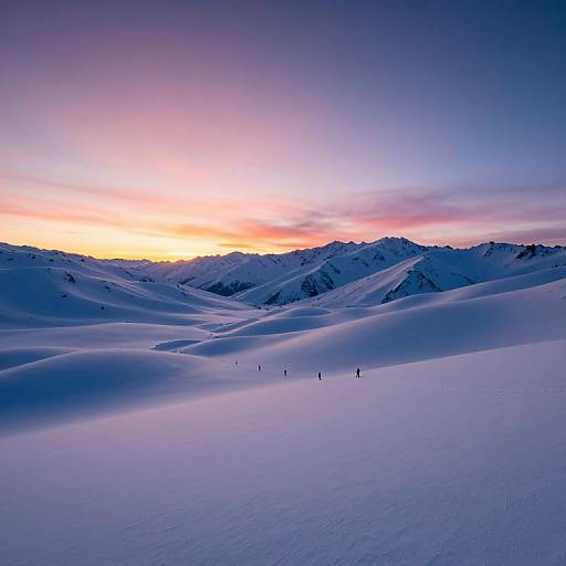 Photograph of a snowy mountain landscape at sunset, with a gradient sky from yellow to purple, and small skiers dotting the blue snow-covered slopes