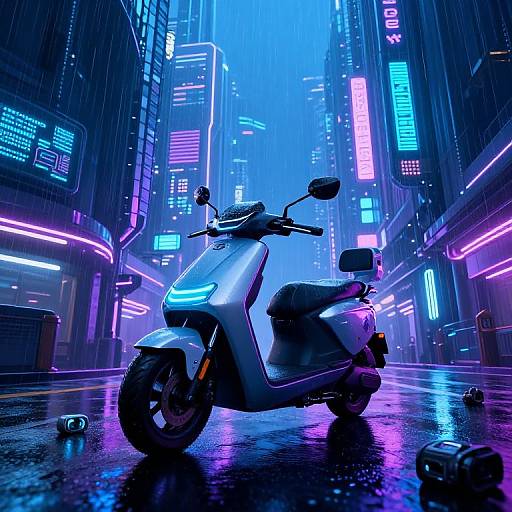 Neon-lit cyberpunk city street at night with a silver scooter parked on wet pavement, surrounded by glowing blue and purple signs. Photorealistic