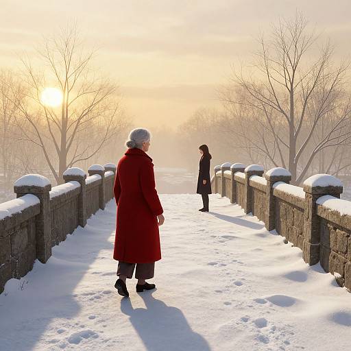 Digital painting of two elderly people in red and black coats walking on a snow-covered stone bridge at sunrise, with bare trees lining both sides.