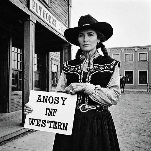 Old Western Woman Holding Sign