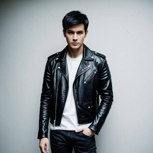 Young man in black leather jacket and white T-shirt
