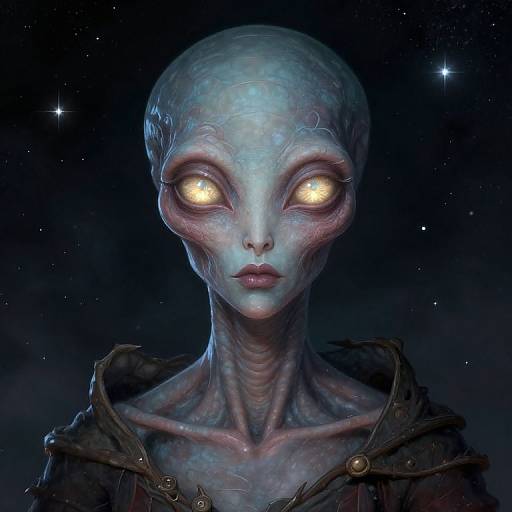Digital CGI of an alien with blue, scaly skin, glowing yellow eyes, and wearing a dark, tattered hooded garment against a starry