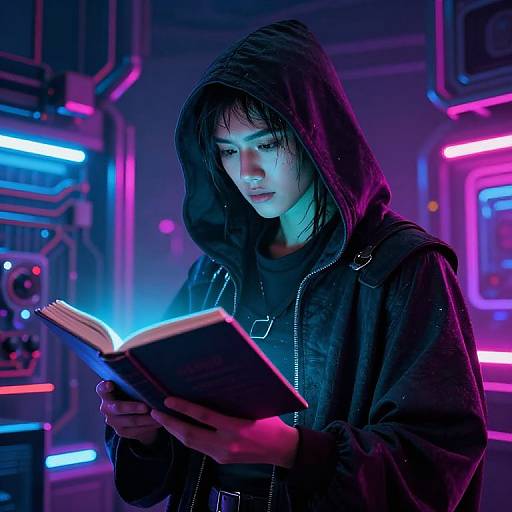 Cyberpunk photograph of a pale-skinned woman with wet black hair, hooded jacket, reading a glowing book under neon blue and pink lights in