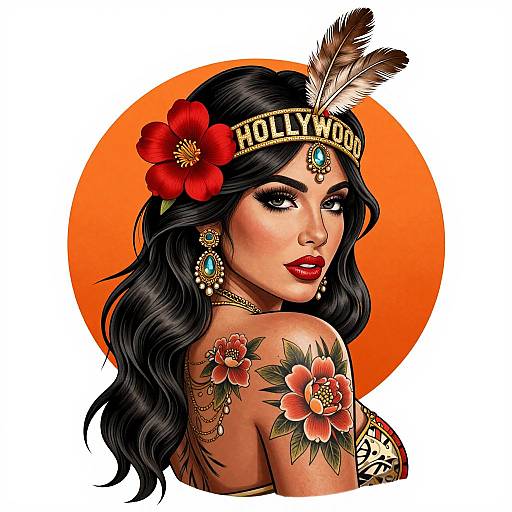 Digital illustration of a sultry Native American woman with long black hair, red flower headpiece, 