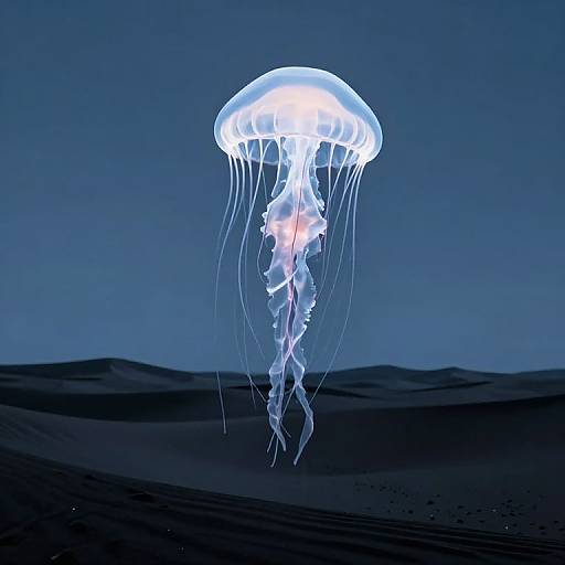 Photograph of a glowing, translucent jellyfish with long, flowing tentacles, floating above dark, sandy dunes under a deep blue night sky.