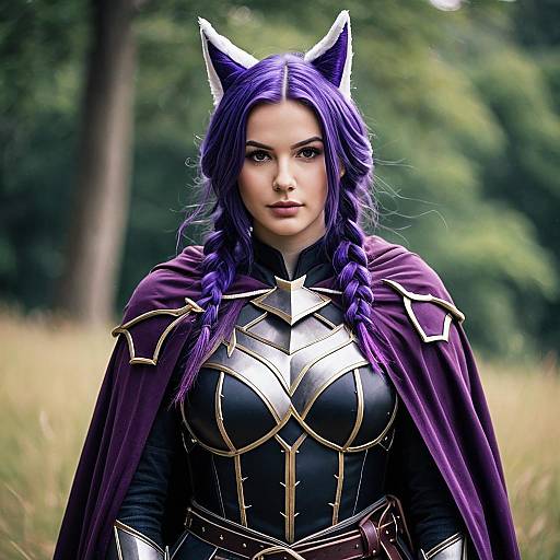 Cosplayer with Purple Hair and Armor