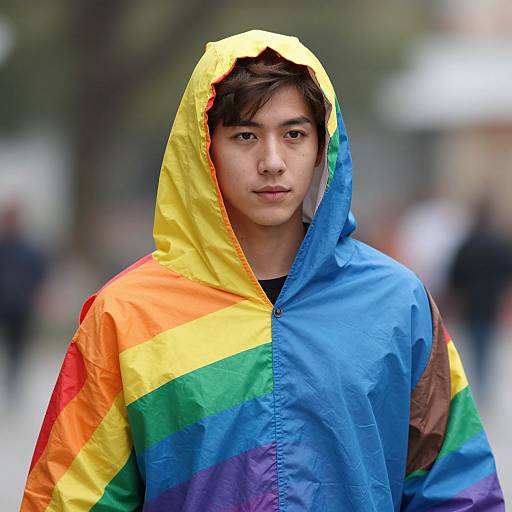 Young Asian man with short black hair, wearing a vibrant rainbow-colored hooded jacket, standing in a blurred outdoor urban setting. Photographic portrait.