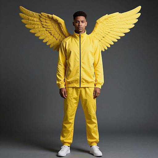 Photograph of a Black man with yellow angel wings, wearing a yellow tracksuit and white sneakers, standing against a dark gray background.