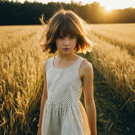 Young girl with tousled bob in field at golden hour Young girl with tousled bob in field at golden hour