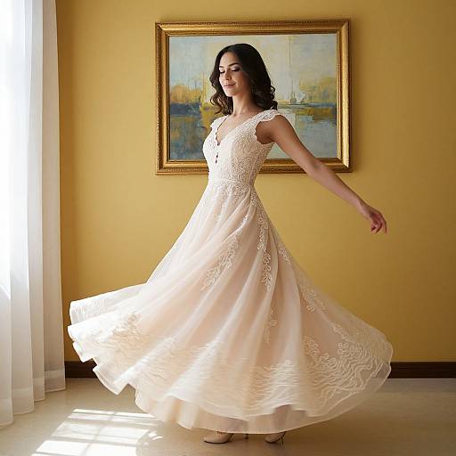 Photograph of a woman with dark curly hair in a white lace wedding dress, twirling in a sunlit room, with a framed landscape painting on