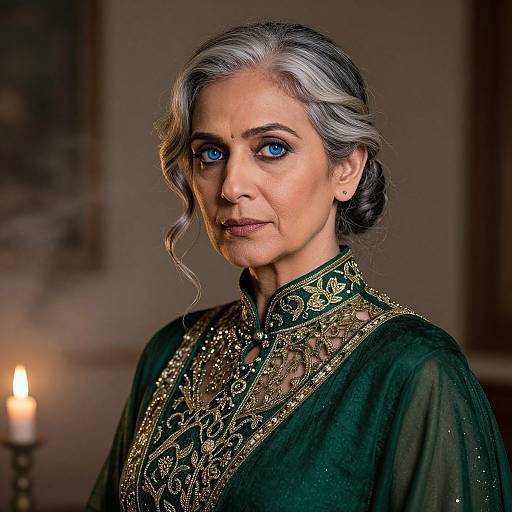 Photograph of an elderly woman with striking blue eyes, silver hair in a bun, wearing an ornate green and gold traditional garment, illuminated by a