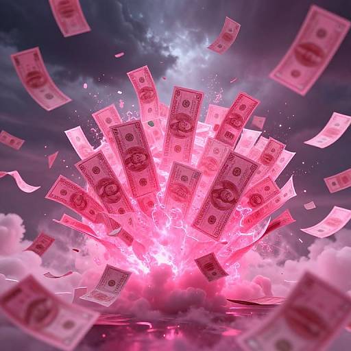 Vivid CGI image of pink money bills exploding upward from a bright, fiery burst against a dramatic, cloudy sky.