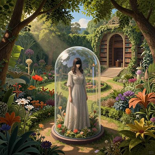Digital painting of a woman in a white dress inside a glass dome, surrounded by vibrant flowers, standing in front of a lush garden and a wooden ar