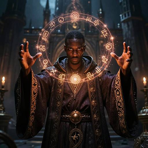Photograph of a dark-skinned man in ornate black robes, holding a glowing, circular magical sigil with runes, in a dimly lit