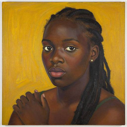Painting of a dark-skinned woman with braided hair, large eyes, and pink lips, wearing a green top, against a yellow background.