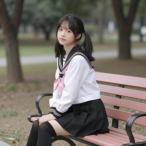 Asian Woman in Sailor Uniform at Park