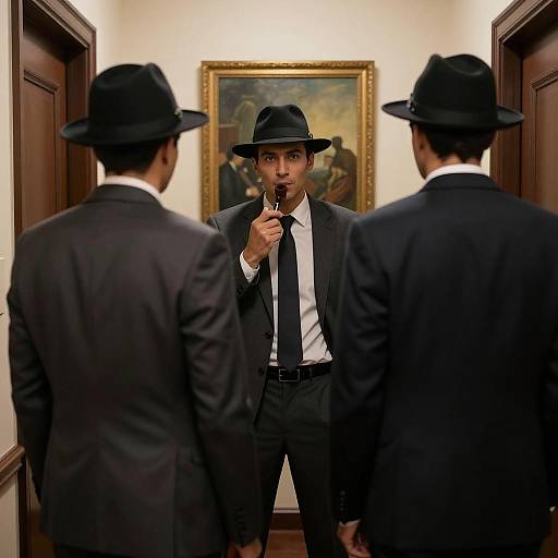 Three Men in Suits and Fedoras in Hallway