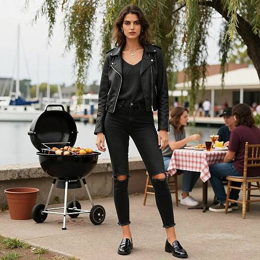 Photograph of a stylish woman with wavy brown hair, wearing a black leather jacket, ripped jeans, and loafers, standing near a BBQ grill