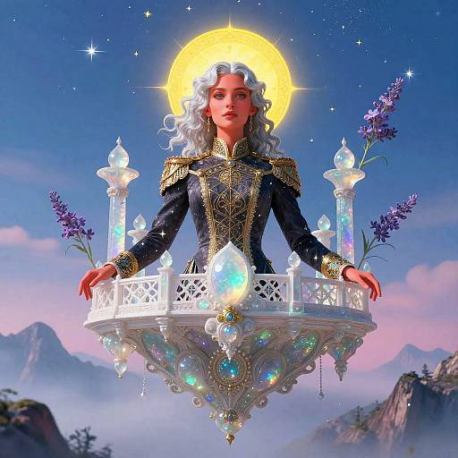 Digital artwork of a silver-haired woman with glowing halo, wearing ornate black and gold robe, floating on a magical, glowing platform surrounded by candles and